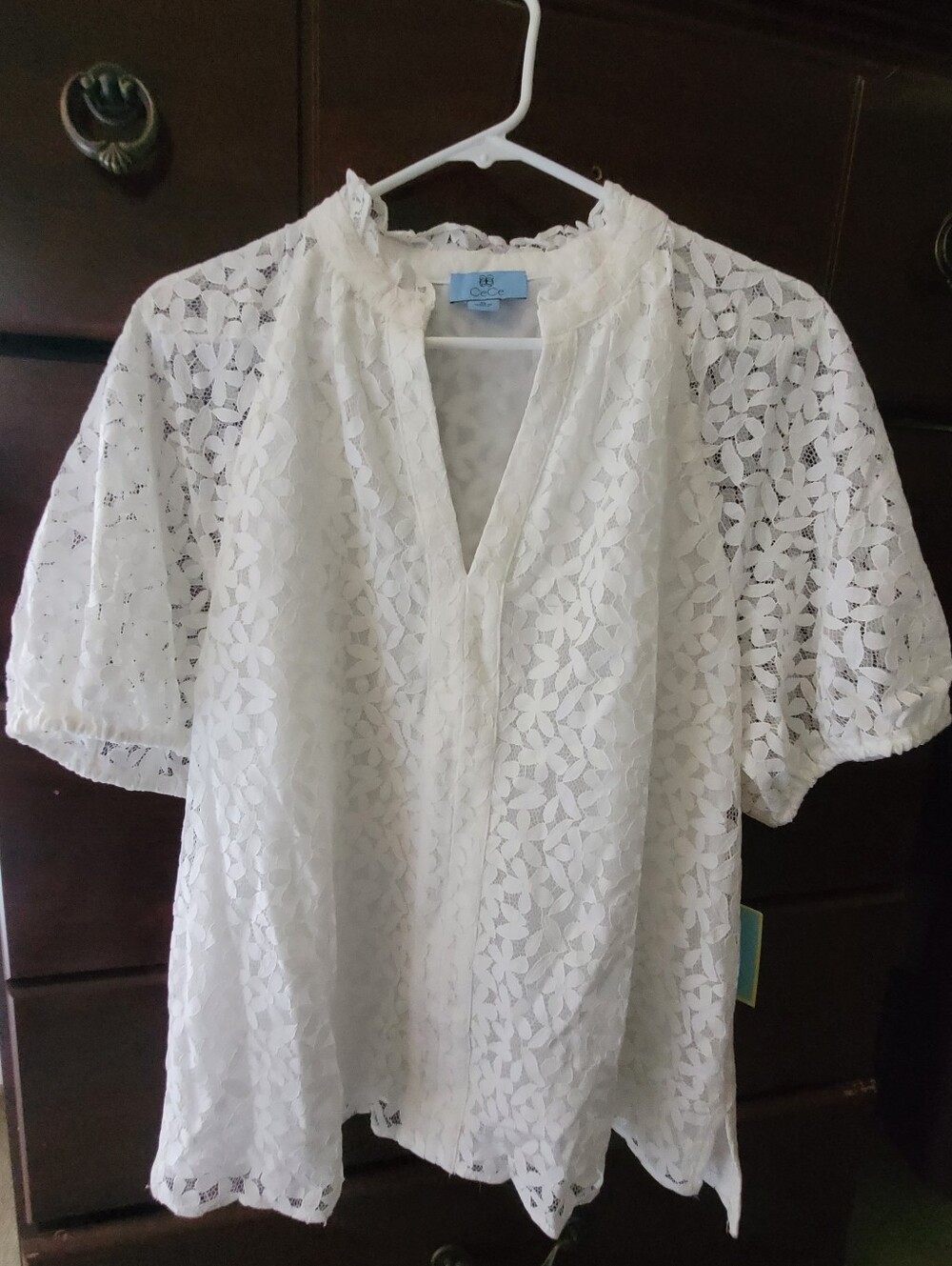 CeCe White Floral Lace Short-Sleeve Blouse